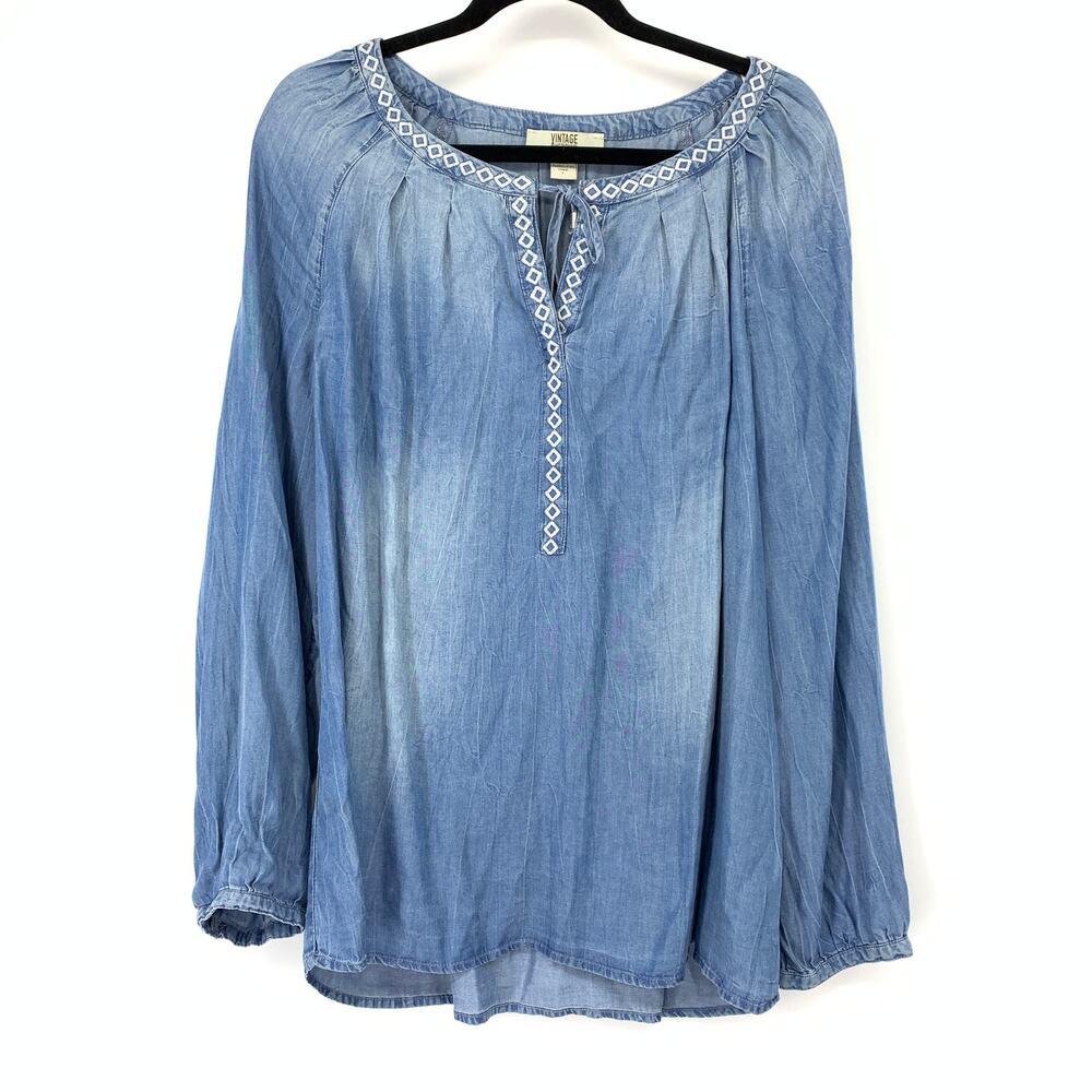 Vintage America Blues Boho Chambray Blouse Womens Sz Large Embroidered Blue